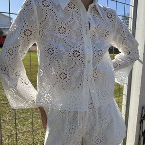 NWT Hill House Celia Cotton Eyelet Collar Button Down Top White Trellis Broderie